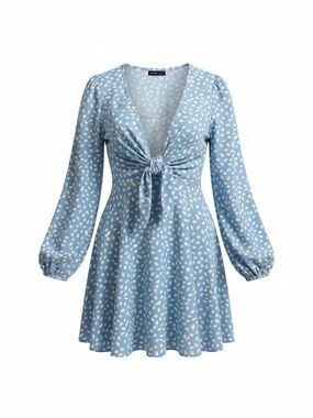 SHEIN Light Blue Tie-Front V-Neck Mini Dress with White Spot Print
